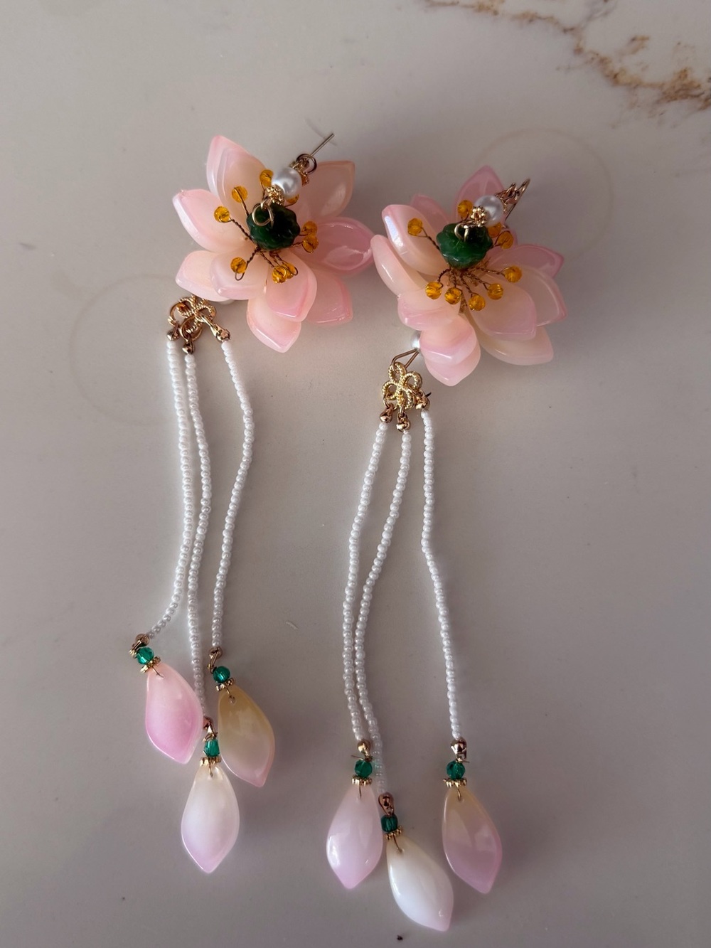 Pink Lotus Flower Drop Earrings with White Bead Tassels